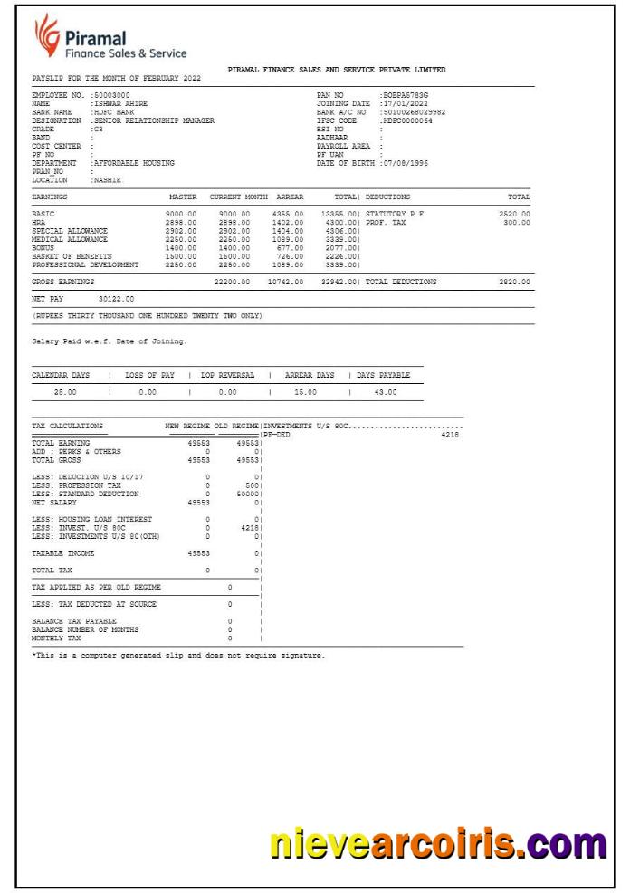 Piramal Financial Services payslip